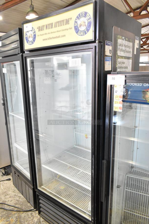 True GDM-26F-LD commercial freezer, single glass door, poly-coated racks, 115V, displayed with external signage.