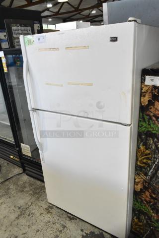 Maytag M1TXEGMYW01 metal reach-in cooler with freezer, white, 115 volts, 1 phase, top freezer design, fair condition.