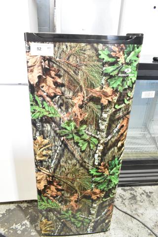 Mossy Oak BD-180U-MSOK single door freezer, 115V, camo design, excellent condition, visible sticker reads "52 QTY".