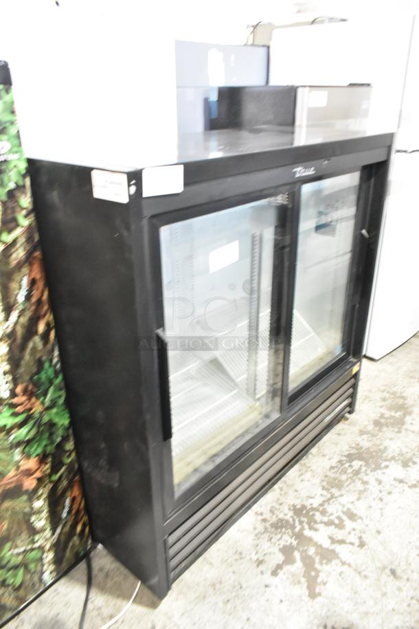 2019 True GDM-41SL-48-HC-LD commercial cooler, 2 glass doors, poly-coated racks, black metal exterior, 115V, 1 phase.