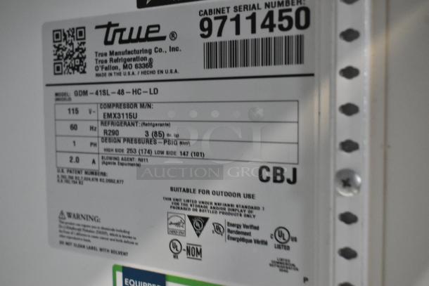 2019 True GDM-41SL-48-HC-LD cooler label, 115 volts, 1 phase; shows model, compressor, refrigerant, and UL listings.