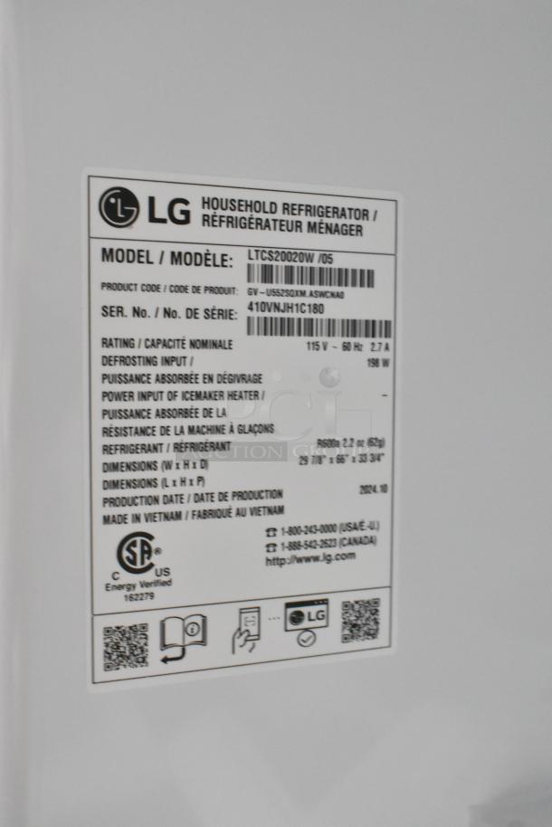 LG LTCS20020W/05 cooler and freezer label, showing model, serial number, and specifications. 115V, 1 phase. Made in Vietnam.