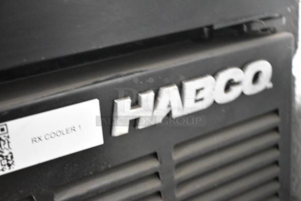 Habco SE12 metal cooler with single door, poly-coated racks; 115 volts, 1 phase. Features visible "RX COOLER 1" tag.
