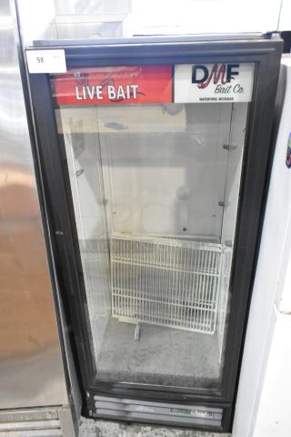 2017 True GDM-12-HC-LD commercial single door cooler, poly coated racks, 115V, 1 Phase, "Live Bait" branding intact.