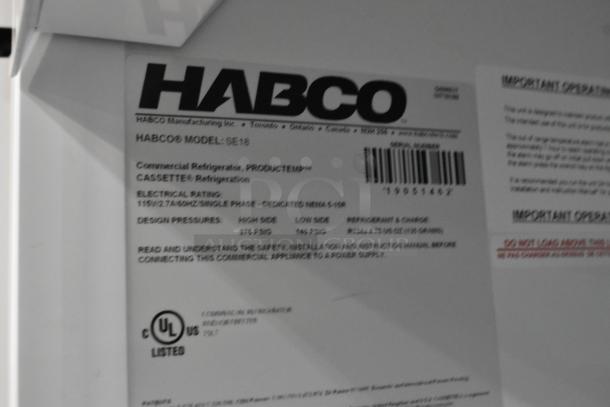 2019 Habco SE18 commercial cooler label with electrical rating 115V, 1 phase. Includes product and safety details.