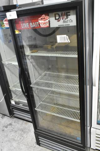 2018 True GDM-12-HC single door cooler with poly-coated racks, 115 volts, commercial use, visible "Live Bait" decal.