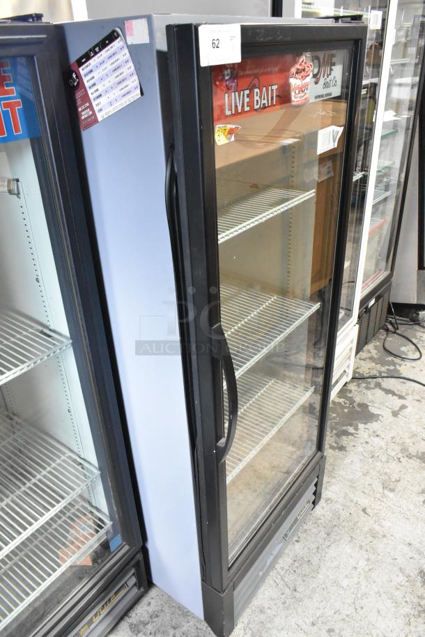 2018 True GDM-12-HC single door cooler with poly coated racks, glass front, and 115V operation. "Live Bait" signage.