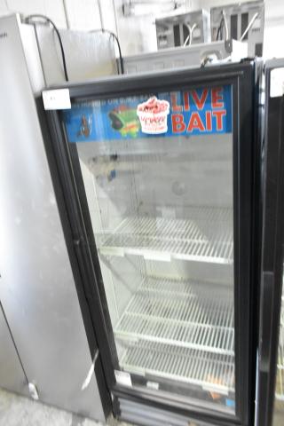 True GDM-12 Commercial Single Door Cooler with poly-coated racks, 115V, featuring "Live Bait" graphic, in used condition.