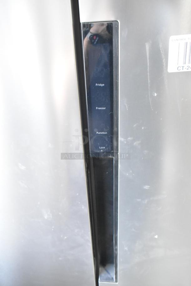 Hamilton Beach HBF1558/HZ8551 stainless steel reach-in cooler with freezer, 115V, 1 phase, digital display panel.