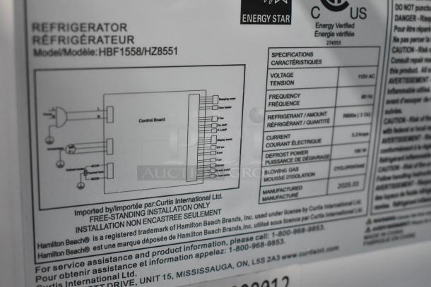 Hamilton Beach HBF1558/HZ8551 stainless steel cooler with freezer specs label; 115 volts, 1 phase, Energy Star certified.