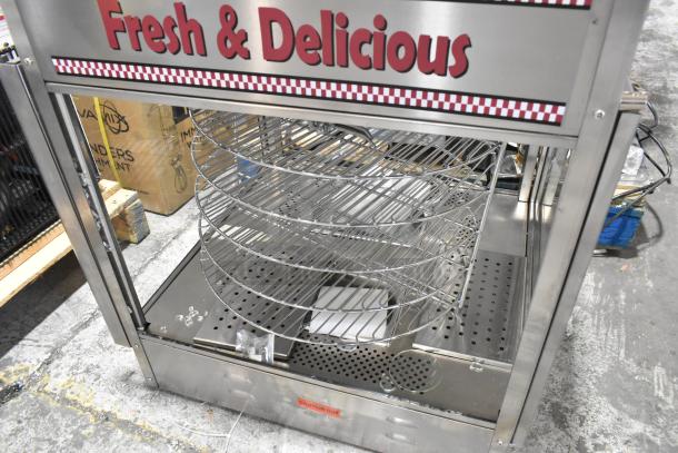 Brand new Benchmark USA 51018 humidified rotating display warmer with racks, for pizza and pretzels, 18-inch size, 120V.