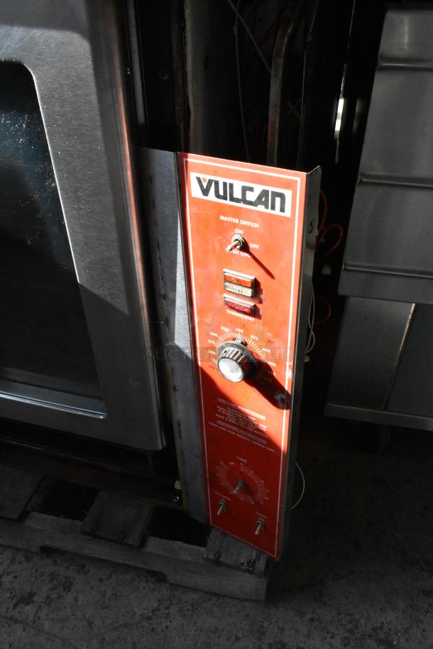 Vulcan VC4GD convection oven control panel. Red panel with thermostat, master switch, and lighting instructions.