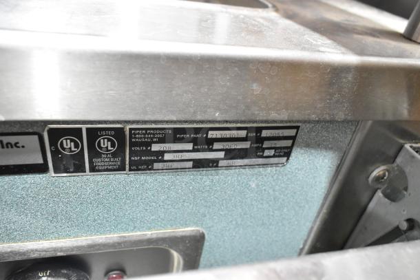 Piper Products 730301 stainless steel 3-bay steam table with sneeze guard. Electric, 208V, 1-phase. Model details shown.