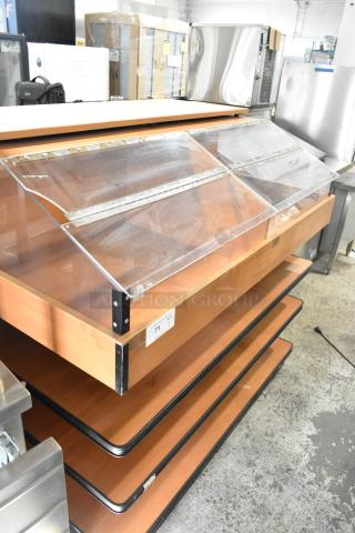 Wood pattern dry merchandiser with clear acrylic doors, three shelves, and metal frame. Item tag reads "71".