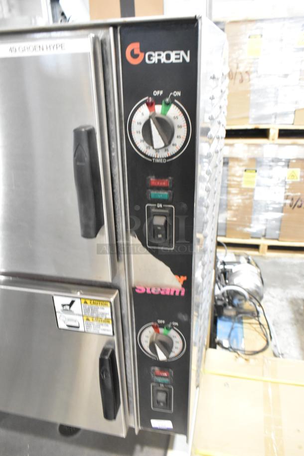 Groen HY-6E stainless steel electric steamer, 2-deck, floor style, 480V, 3 phase, commercial use. Controls and warning labels visible.