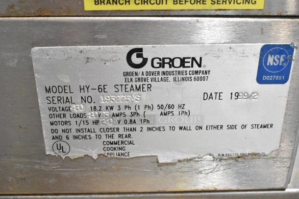 Groen HY-6E stainless steel commercial steam cabinet label, showing model, serial number, voltage specs, and NSF certification.