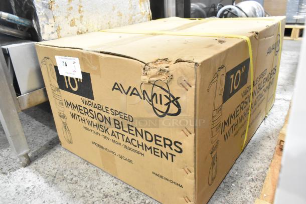 Box of 5 AvaMix 928IBHDW10 heavy-duty immersion blenders, 10" whisk, variable speed, 120V. Box shows damage.