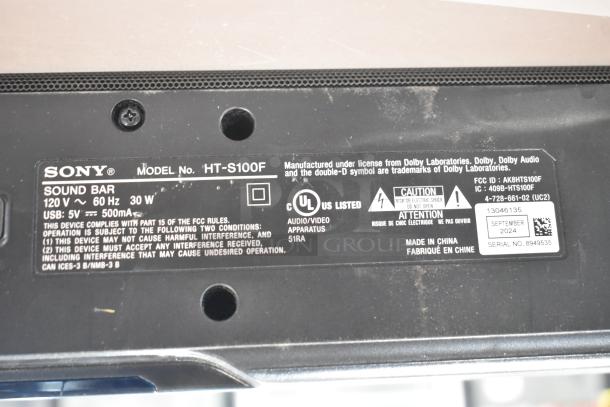 Sony HT-S100F Sound Bar label showing model number and specifications. 120V, 60Hz, 30W, USB 5V 500mA. Made in China.