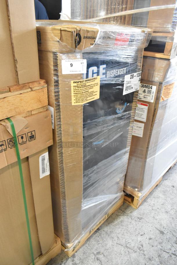 Brand new Hoshizaki DB-130H stainless steel ice dispenser in box, 130 lb storage, 115V, 1 phase, visible packaging labels.