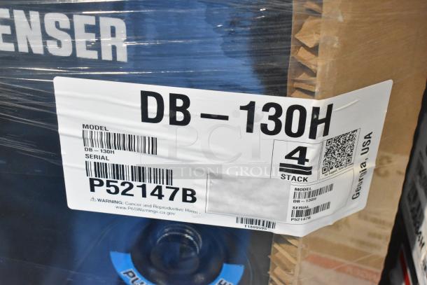 Brand new Hoshizaki DB-130H stainless steel ice dispenser in box. 130 lb storage, 115 volts, 1 phase. Model label visible.