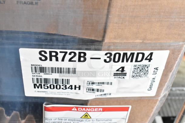 Hoshizaki SR72B-30MD4 label on packaging, indicating model and serial number M50034H, made in Georgia, USA.