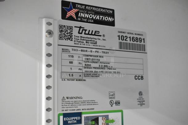 2021 True TSCI-600R-G-PH commercial cooler label; 115V, 1 Phase, R290 refrigerant, 1.5A, model details and warnings shown.