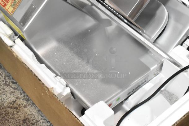 Bizerba SE 12 US metal commercial meat slicer with blade sharpener, 120V, 1 phase. Features control panel and branding.