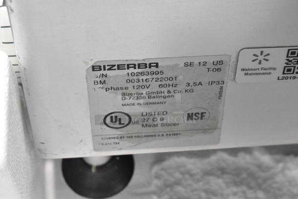 Bizerba SE 12 US metal commercial meat slicer with blade sharpener, 120V, 1 phase; NSF and UL listed, serial number 10263995.