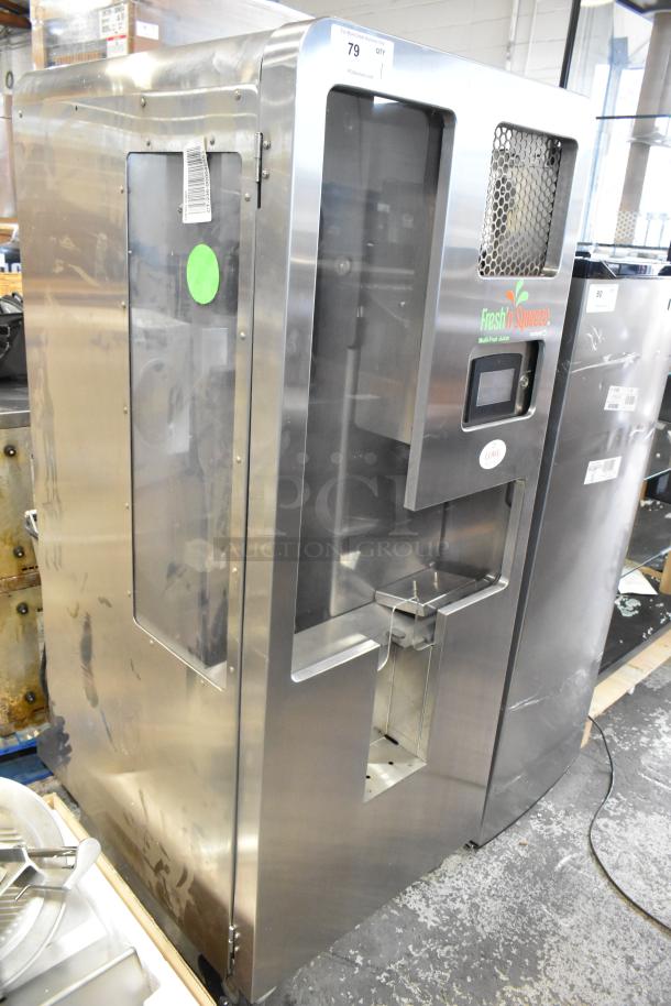 Stainless steel JBT 2ND-GEN-MFJ-HE citrus juicer, commercial floor model, with casters. Includes Fresh N Squeeze branding. 120V, 1 Phase.