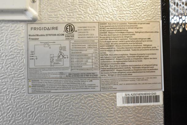 Frigidaire EFRF698-6COM stainless steel freezer label showing model, voltage, and safety warnings.