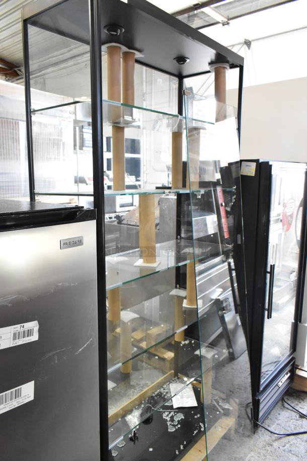 Metal and glass dry display case with broken glass, visible on shelves and base; black frame, three glass shelves.