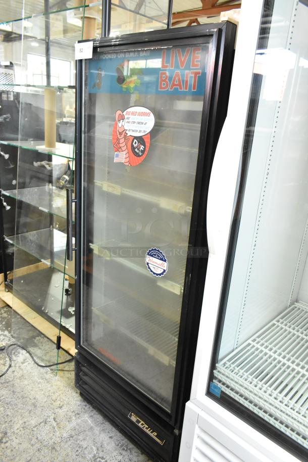 True GDM-12 commercial cooler with single glass door, poly coated racks, branded stickers, 115V, 1 Phase.