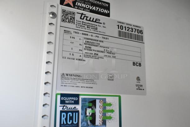 2021 True TSCI-600R-G-PH cooler label, 115V, 1 phase, features poly-coated racks. Equipped with RCU technology.
