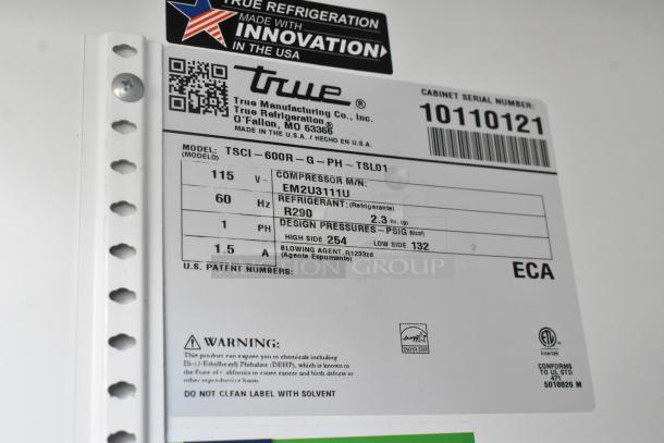 2021 True TSCI-600R-G-PH commercial single door cooler label with 115 volts, R290 refrigerant, Energy Star certified.