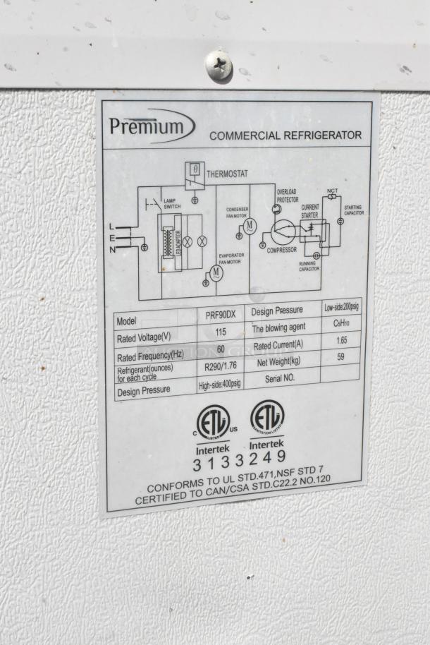 Premium PRF90DX commercial cooler tag, displays model, 115V, 1 phase, R290 refrigerant, ETL certified, thermostat diagram visible.