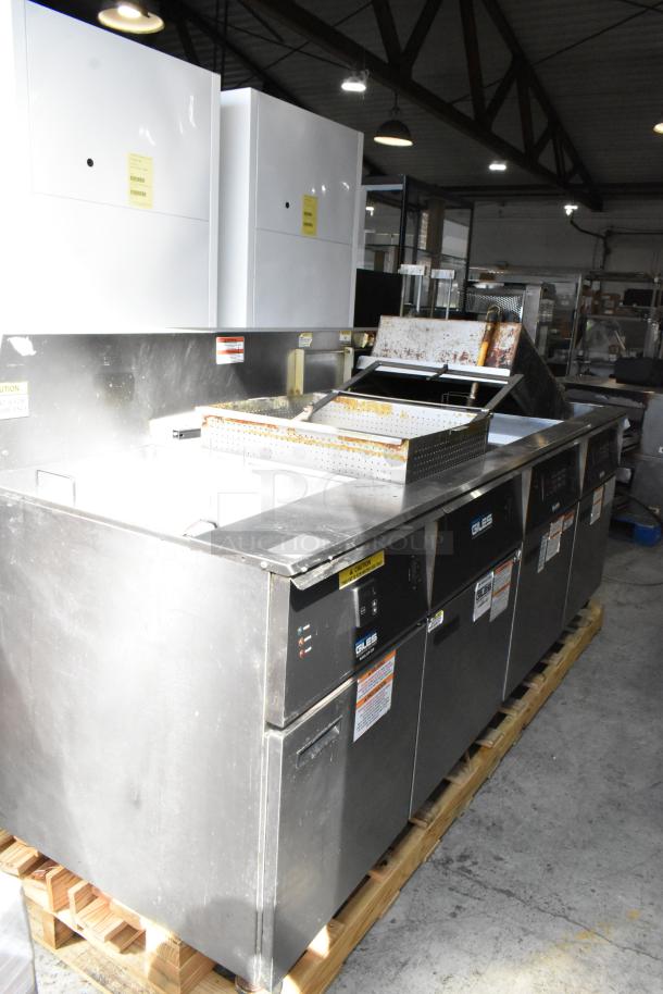 Giles EOF-24 stainless steel 3-bay deep fat fryer with center dumping station on casters, 480V, 3-phase.