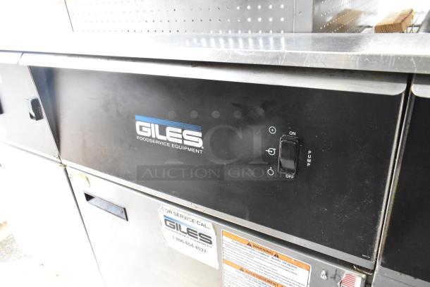 Giles EOF-24 stainless steel commercial electric deep fat fryer, 3 bays, center dumping station, on casters. 480V, 3 phase.