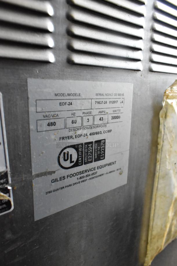 Giles EOF-24 Stainless Steel Commercial Electric 3 Bay Deep Fat Fryer, 480V 3 Phase, UL Certified label visible.