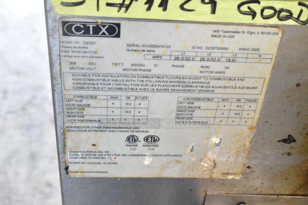 Middleby Marshall DZ33T CTX stainless steel commercial conveyor pizza oven label, 208/240V, detailing installation specs.