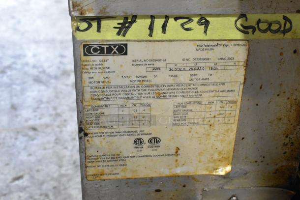 Middleby Marshall DZ33T CTX stainless steel conveyor pizza oven label, showing model, voltage, and installation details.