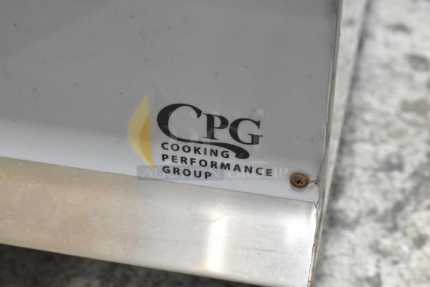 Cooking Performance Group stainless steel griddle, model 351GMCPG36, logo visible with slight rust on screw.