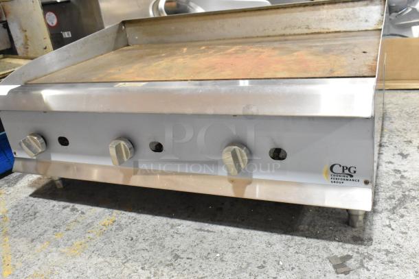 Cooking Performance Group 351GMCPG36 stainless steel griddle, natural gas, 90,000 BTU, three control knobs, used condition.