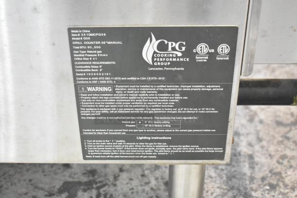 Cooking Performance Group CPG 351GMCPG36 stainless steel griddle, natural gas powered, 90,000 BTU, clear operating label shown.