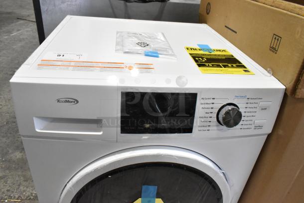 BRAND NEW 2023 KoolMore FLW-3CWH 2.7 cu. ft. Stackable Front Load Washing Machine, with visible energy guide and controls.