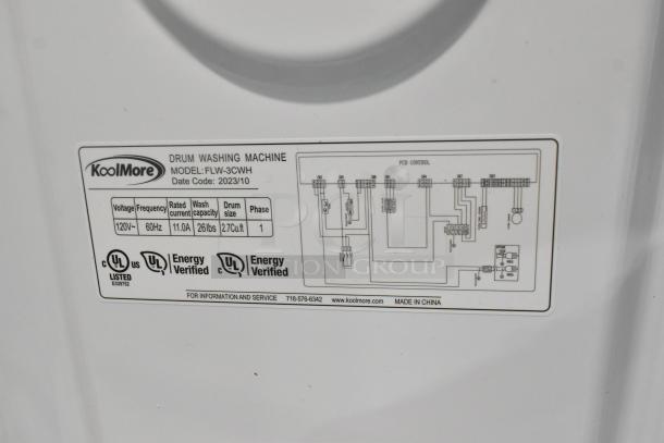 BRAND NEW KoolMore FLW-3CWH 2.7 cu. ft. stackable washing machine label showing voltage, model, and energy verification details.