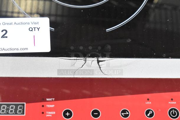 2023 Avantco 177IC18DB 2 burner induction range, stainless steel, cracked damage, electronic controls visible, 120V, 1-phase.