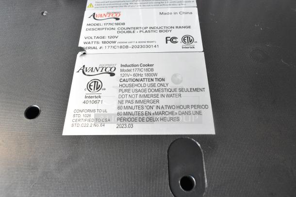 2023 Avantco 177IC18DB induction range label with specs: 120V, 1800W, household use, ETL certified. Visible damage shown.