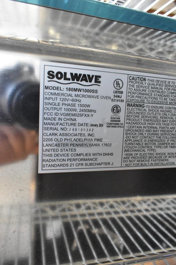 2024 Solwave 180MW1000SS commercial microwave; stainless steel, 120V, 1 phase. Features include 1000W output. Model label visible.