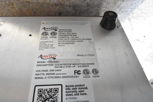 Avantco 177IC35SU stainless steel commercial induction range label, 2-tier, 2-burner, 208/240V, 3600W, 1 phase.