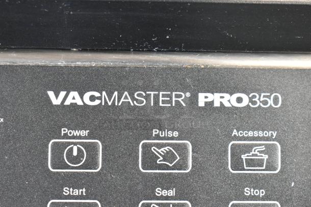 2016 VacMaster Pro350 Vacuum Sealer, stainless steel, countertop model. Features visible control panel with power and seal buttons.